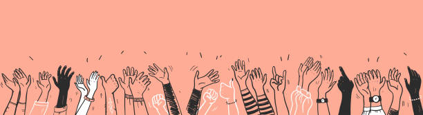 вектор ручной нарисованный эскиз стиль иллюстрации с черными цветными человеческими руками различных цветов кожи приветствие и размахива - празднование иллюстрации stock illustrations