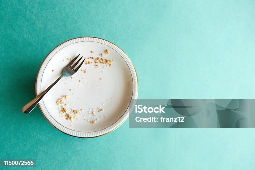 istock Empty plate with crumbs after eating on a green background. The concept of the end of the holiday or celebration. Nearby place for text 1150072566