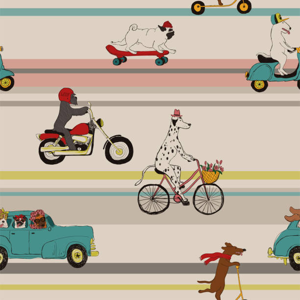 Funny Dogs Driving Vehicles Seamless Pattern. Funny seamless pattern with cute dogs driving car, riding bike, scooter, motorcycle and skateboard. bicycle patterns stock illustrations