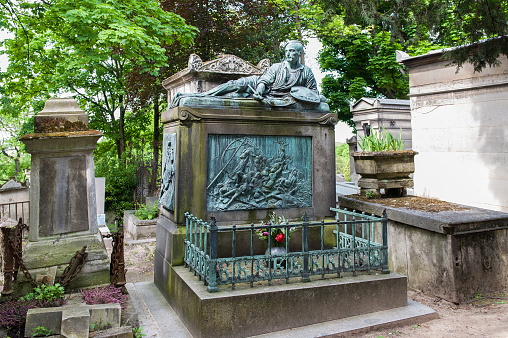 The tomb of influential French painter Théodore Géricault, on the Père Lachaise Cemetery (Cimetière du Père-Lachaise). This cemetery is the largest in Paris (44 hectares or 110 acres) and with more than 3.5 million visitors annually also the most visited necropolis in the world. Several celebrities are buried here among which Jim Morrison, Edith Piaf, Molière, Frédéric Chopin, Maria Callas, Georges Bizet and Honoré de Balzac.