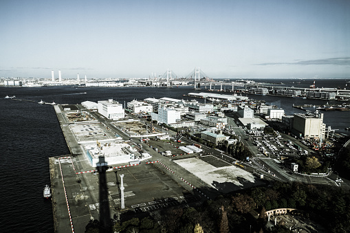 Yokohama skyline visible from the Marine Tower (monochrome). Shooting Location: Yokohama-city kanagawa prefecture