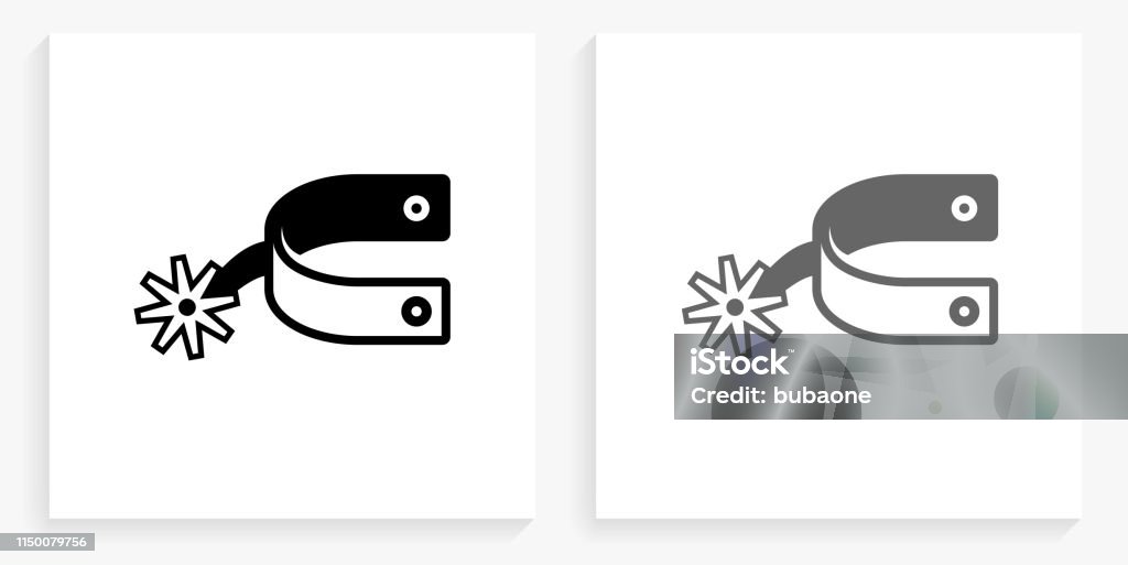 Cowboy Accessory Black and White Square Icon Cowboy Accessory Black and White Square Icon. This 100% royalty free vector illustration is featuring the square button with a drop shadow and the main icon is depicted in black and in grey for a roll-over effect. Spur stock vector
