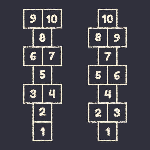 istock Hopscotch game for kids. White chalk on black background. 1150079840
