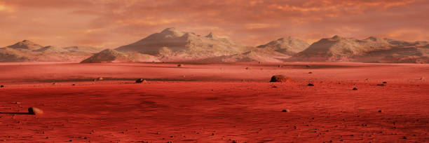 landscape on planet Mars, scenic desert surrounded by mountains, red planet surface beautiful martian landscape panorama banner, desert in outer space storm system stock pictures, royalty-free photos & images