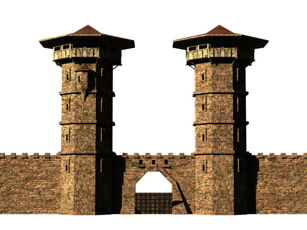 istock medieval castle wall with watch towers and gate isolated on white background 1150087397