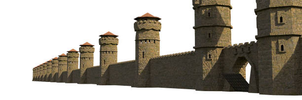 istock medieval castle wall with watch towers and gate isolated on white background 1150087464