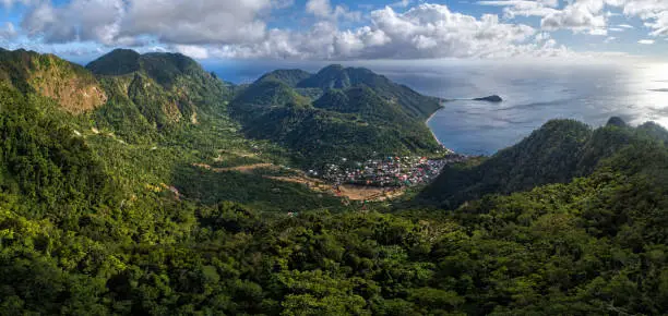 A wide view at mountains, Soufriere, and scots Head in Dominica, West Indies. Taken with drone.