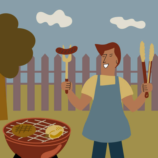 hinterhof bbq man - sausage grilled isolated single object stock-grafiken, -clipart, -cartoons und -symbole