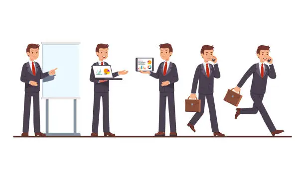 Vector illustration of Business coach man doing project presentation showing charts on flipchart, laptop and tablet computer, walking, running with phone & suitcase. Businessman poses. Flat cartoon vector character illustration