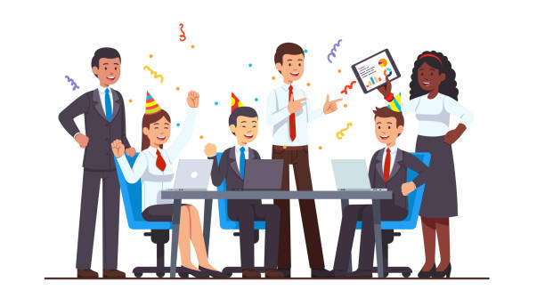 Corporate celebration party meeting. Business people man & woman celebrating project success sitting, standing at conference table with laptops and tablet pc. Flat cartoon vector character illustration Corporate celebration party meeting. Business people man & woman celebrating project success sitting, standing at conference table with laptops and tablet pc. Flat cartoon vector isolated illustration confetti clipart stock illustrations