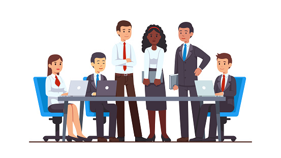 Executive business people group meeting at big office conference desk. Business man & woman company brainstorming working together using laptops, holding file folders. Flat cartoon vector illustration