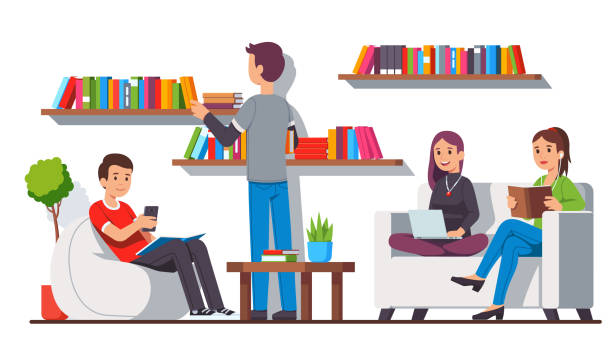 Modern library home style relaxation and reading zone room interior with book shelves, cozy bean bag chair and sofa couch. Students relaxing sitting, reading together. Flat cartoon vector character illustration Modern library home style relaxation and reading zone room interior with book shelves, cozy bean bag chair and sofa couch. Students relaxing sitting, reading together. Flat cartoon vector illustration university clipart stock illustrations