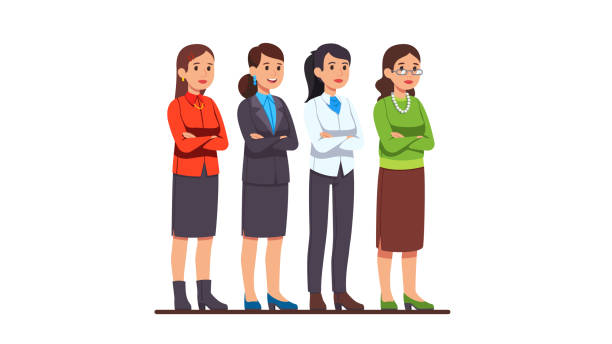 Four business women characters set. Businesswoman skirt, pants, read & white jacket, wearing glasses, posing with crossed hands. Flat cartoon vector character illustration Four business women characters set. Businesswoman skirt, pants, read & white jacket, wearing glasses, posing with crossed hands. Flat style cartoon vector isolated illustration four people office stock illustrations