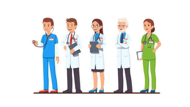 Doctor and nurse characters set. Full length man and woman doctors wearing uniform, white coat and scrubs, glasses, holding clipboard and stethoscope. Flat cartoon vector character illustration Doctor and nurse characters set. Full length man and woman doctors wearing uniform, white coat and scrubs, glasses, holding clipboard and stethoscope. Flat style cartoon vector isolated illustration medicine clipart stock illustrations