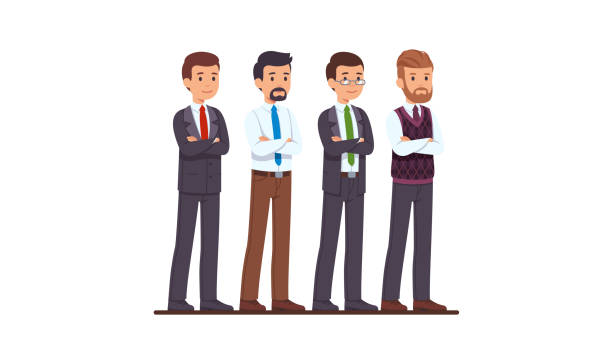 Four business man characters set. Businessman in buttoned and unbuttoned suit, white shirt and casual pants, woollen vest, posing with crossed hands. Flat cartoon vector character illustration Four business man characters set. Businessman in buttoned and unbuttoned suit, white shirt and casual pants, woollen vest, posing with crossed hands. Flat style cartoon vector isolated illustration four people office stock illustrations