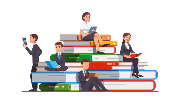 Vector illustration of Business people education & knowledge concept. Businessman, businesswoman sitting on a big stack of books reading paper books and digital on modern tablet computers. Flat cartoon vector character illustration