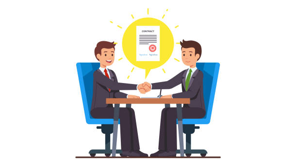 Business man partnership beginning. Businessman partners shaking hands after signing contract agreement closing deal sitting at negotiations table. Flat cartoon vector character illustration Business man partnership beginning. Businessman partners shaking hands after signing contract agreement closing deal sitting at negotiations table. Flat style cartoon vector isolated illustration desk clipart stock illustrations