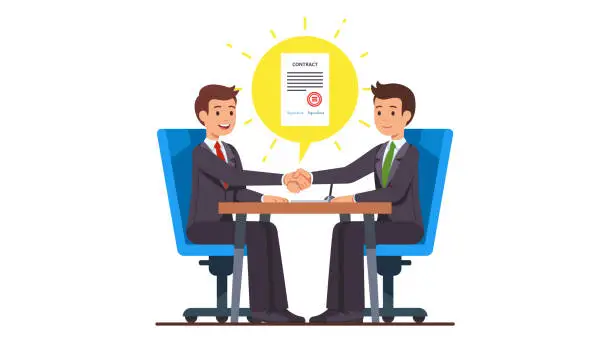 Vector illustration of Business man partnership beginning. Businessman partners shaking hands after signing contract agreement closing deal sitting at negotiations table. Flat cartoon vector character illustration