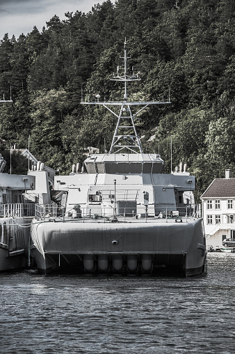 Norway, Mandal - August 8 2010: Former minehunter KNM Oksøy M340 of the Norwegian Navy laid up in Kleven.