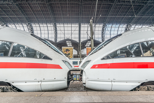 Hamburg, Germany - July 30 2016: Scharfenberg coupler, two coupled ICE-T class 411 trains at Hamburg Hauptbahnhof.