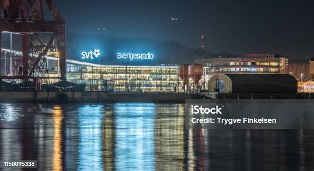 Kanalhuset Svt Swedish Television At Nught Seen From Stenpiren Stock Photo - Download Image Now