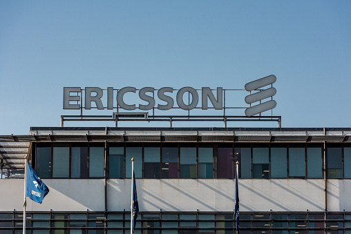 Gothenburg, Sweden - April 29 2019: Sign of telecom company Ericsson on top of a building at Lindholmen.