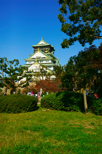 Osaka, Japan -November  8, 2018:  There is a beautiful city garden in the center of Osaka, which is a must-see for every visitor to Osaka. The Osaka Castle Castle Tower stands in the middle of the city and is an irreplaceable symbol of Osaka.
