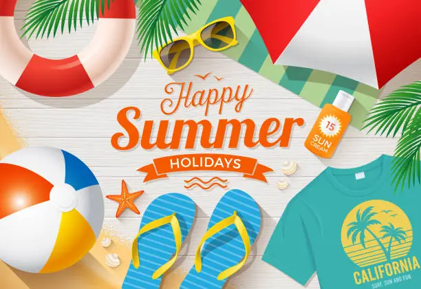 Vector illustration of Summer Holidays with beach summer accessories