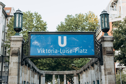 Germany, Berlin, September 05, 2018: Entrance to the underpass to the metro station. A sign with the name of the station. City underground subway.