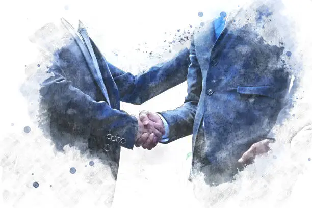 Abstract colorful shape on Business handshake concept on watercolor illustration painting background.