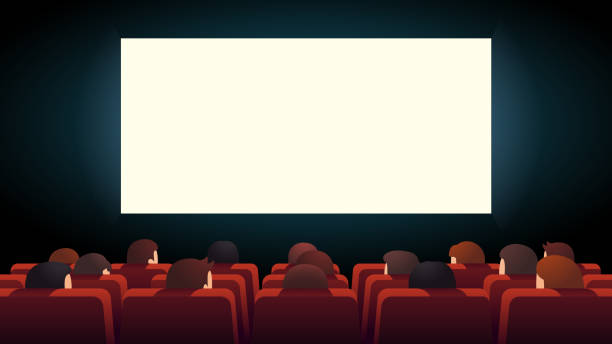 映画館のインテリア。映画の観客群衆は大きな点灯した画面を見て、赤い快適な椅子の列に座ってフィルムを見ています。フラット漫画ベクトル文字イラスト - back lit illustrations点のイラスト素材／クリップアート素材／マンガ素材／アイコン素材