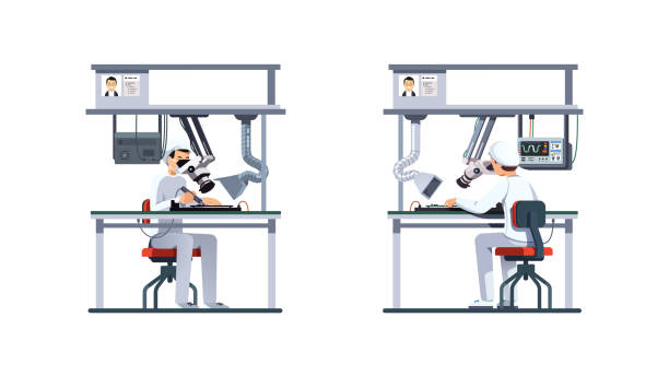 illustrazioni stock, clip art, cartoni animati e icone di tendenza di posto di lavoro ingegnere di assemblaggio di fabbrica di pcb elettrici con saldatura di ferro e ventilazione. ingegneri che lavorano assemblando, saldando, testando con oscilloscopi elettronici. illustrazione del personaggio vettoriale del cartone animato  - soldering iron illustrations