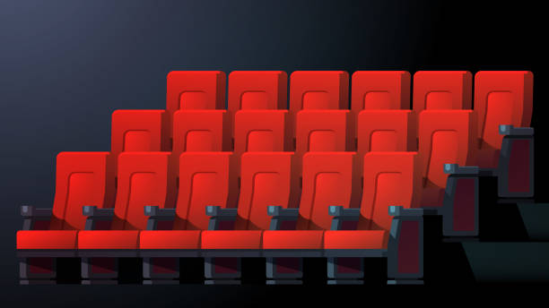 istock Movie theater interior with comfortable red chairs in rows. Cinema auditorium seats. Flat cartoon vector character illustration 1150098762