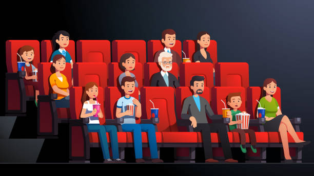 ilustrações de stock, clip art, desenhos animados e ícones de movie theater interior. immersed people man, woman, kids, families, couples drinking, eating watching movie. cinema audience crowd film sitting in chair rows. flat cartoon vector character illustration - full screen