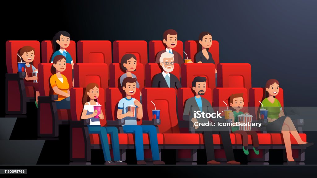Movie Theater Interior Immersed People Man Woman Kids Families Couples  Drinking Eating Watching Movie Cinema Audience Crowd Film Sitting In Chair  Rows Flat Cartoon Vector Character Illustration Stock Illustration -  Download Image