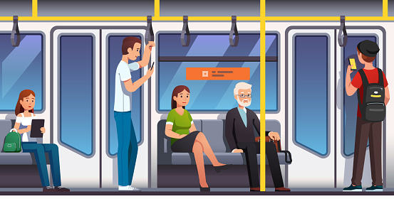 Inside city underground subway transit train. Passenger carriage interior with people man and woman sitting and standing inside, using phones & tablets. Flat cartoon vector isolated illustration