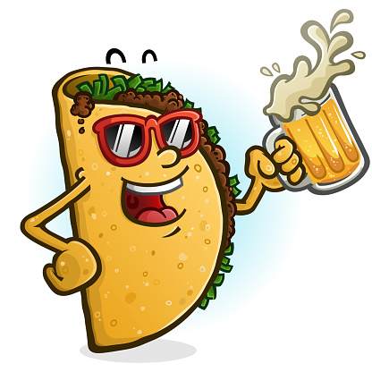 A cheerful cartoon taco character partying with a mug of mexican beer