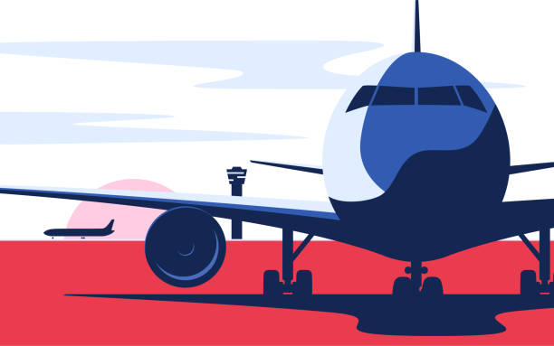 ilustraciones, imágenes clip art, dibujos animados e iconos de stock de ilustración vectorial de estilo plano del avión en el aeropuerto - travel backgrounds ilustraciones