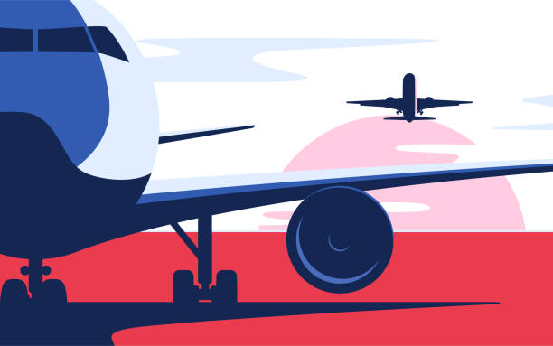 Flat style vector illustration of the airliner at the airport Flat style vector illustration of the airliner at the airport. airport backgrounds stock illustrations