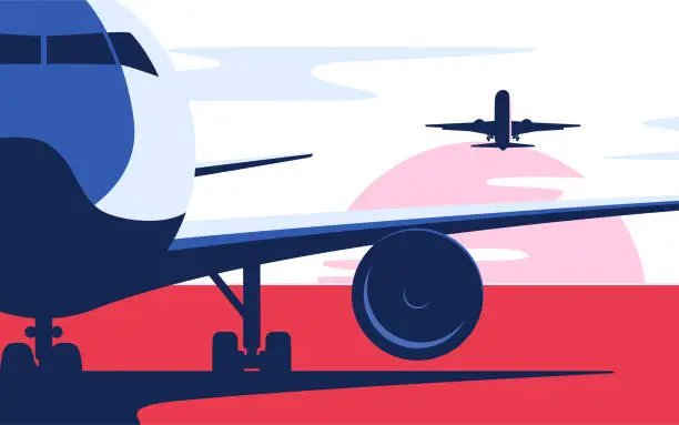 Vector illustration of Flat style vector illustration of the airliner at the airport