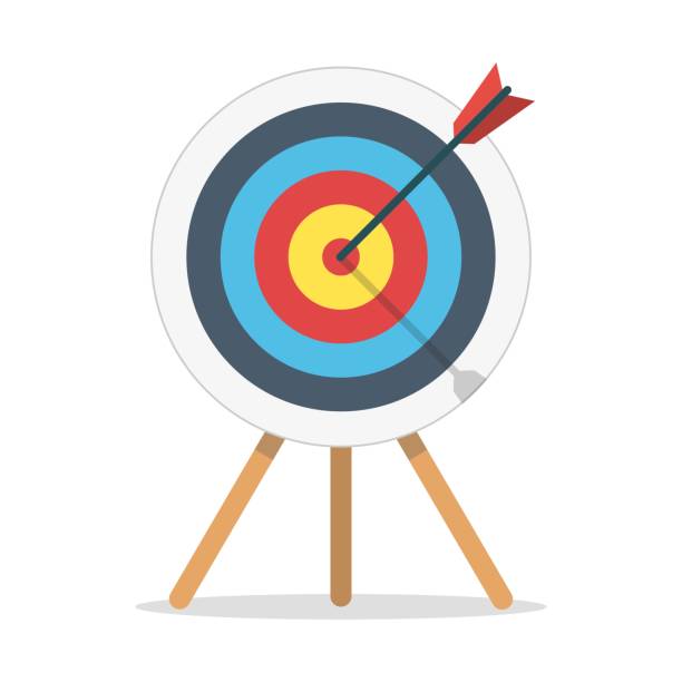 mit dem pfeil auf einem stativ stehen. vorlage design für wettbewerbsgewinne, tor-leistung, sieg und geschäft. konzept zielmarkt, publikum, gruppe, verbraucher. - target sport target target shooting bulls eye stock-grafiken, -clipart, -cartoons und -symbole