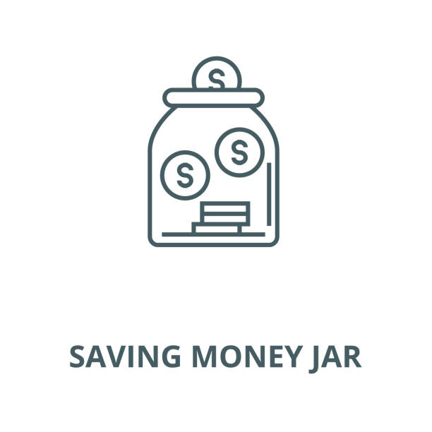 Saving money jar vector line icon, linear concept, outline sign, symbol Saving money jar vector line icon, outline concept, linear sign deposit bottle stock illustrations