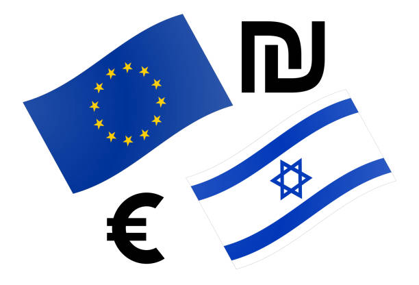 ilustraciones, imágenes clip art, dibujos animados e iconos de stock de eurils divisa forex par vector ilustración. bandera de la ue e israel, con el símbolo euro y shekel. - ils