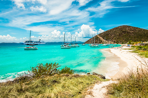 Bright and colorful image with white sand beach and turquoise blue water.