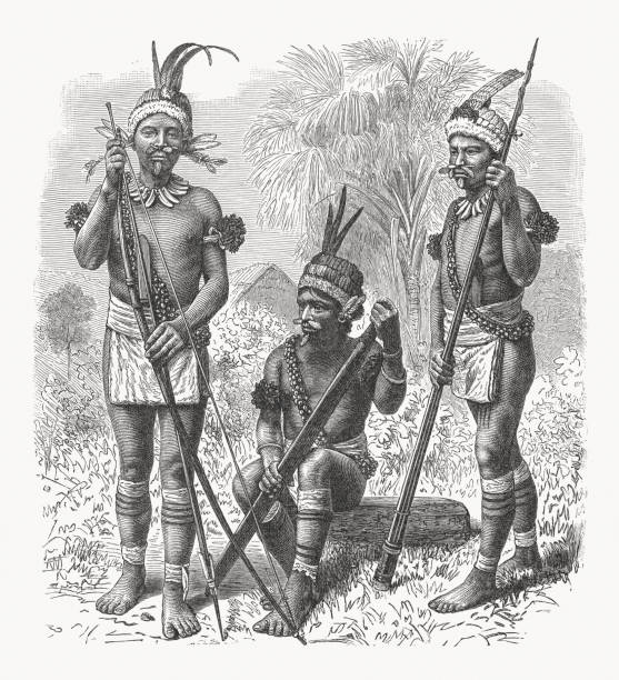 South American native people, wood engraving, published in 1897 South American native people. Wood engraving after a photograph, published in 1897. loin cloth stock illustrations