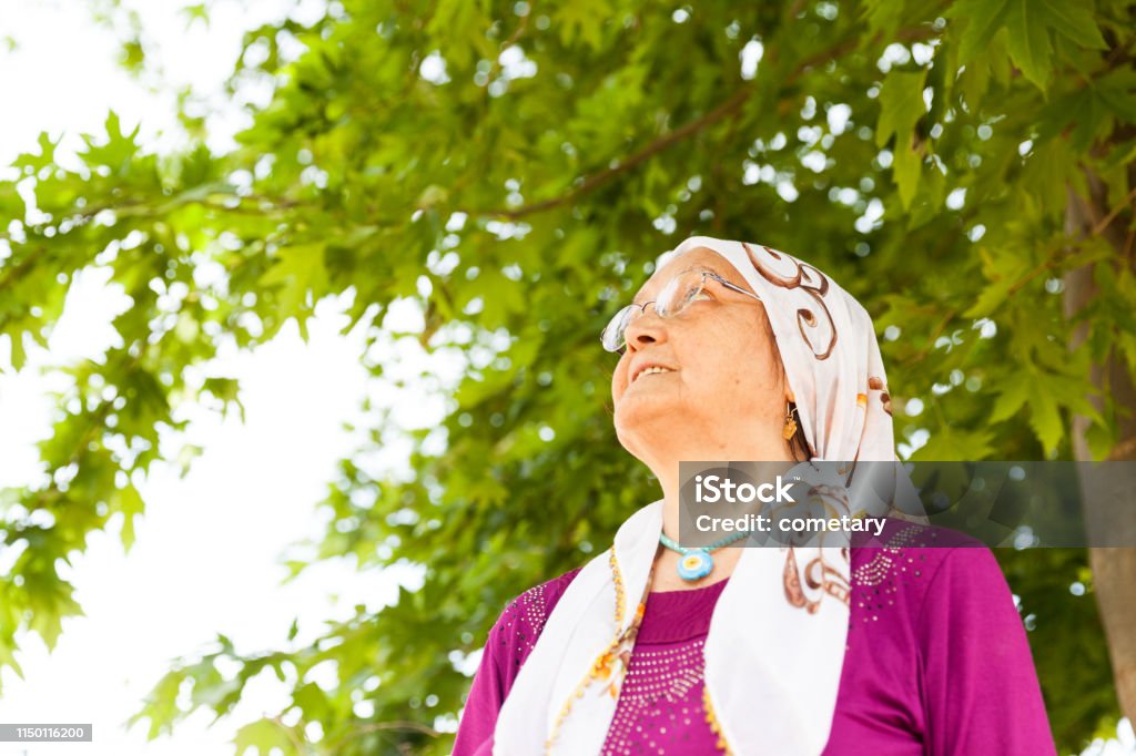 Retrato do sorriso sênior da mulher - Foto de stock de Adereço de Cabeça royalty-free