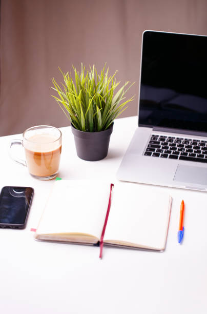 istock White desk with notebook, blank notebook, green flower, phone and cup of coffee. 1150116256
