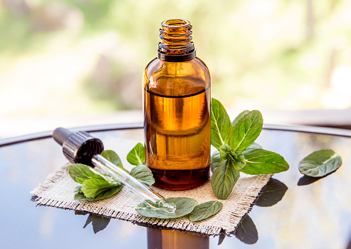 Peppermint essential oil or infusion in brown medical pipette bottle with decorative fresh mint branches on glass table, blur background.