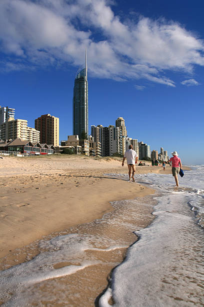 July 27, 2019 - The Spit - Main Beach, Gold Coast, Queensland, Australia: People enjoying the beach at The Spit Wharf - Main Beach, on back Gold Coast skyline.