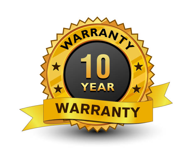 Strong and powerful golden 10 year warranty badge, sign, seal, stamp, label set ribbon isolated on white background.